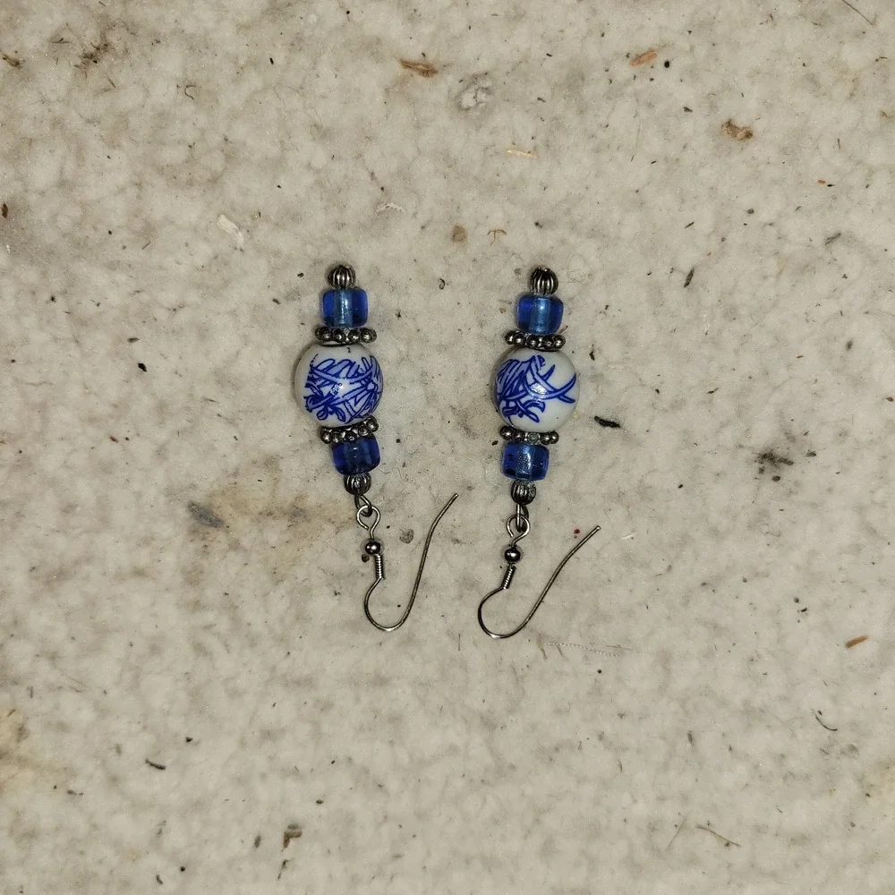 Blue White Porcelain Style‎ Beaded Dangle Earrings Handmade Glass Bead Boho